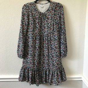 J Crew Floral Ruffle Hem Long Sleeve Peasant Dress